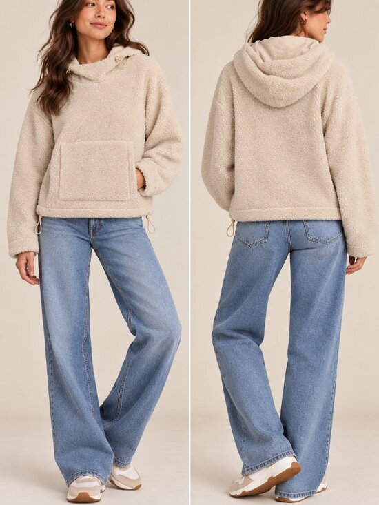 Vince Tops - Vince Cream Sherpa Teddy Fleece Oversized Cropped Pullover Hoodie Size S